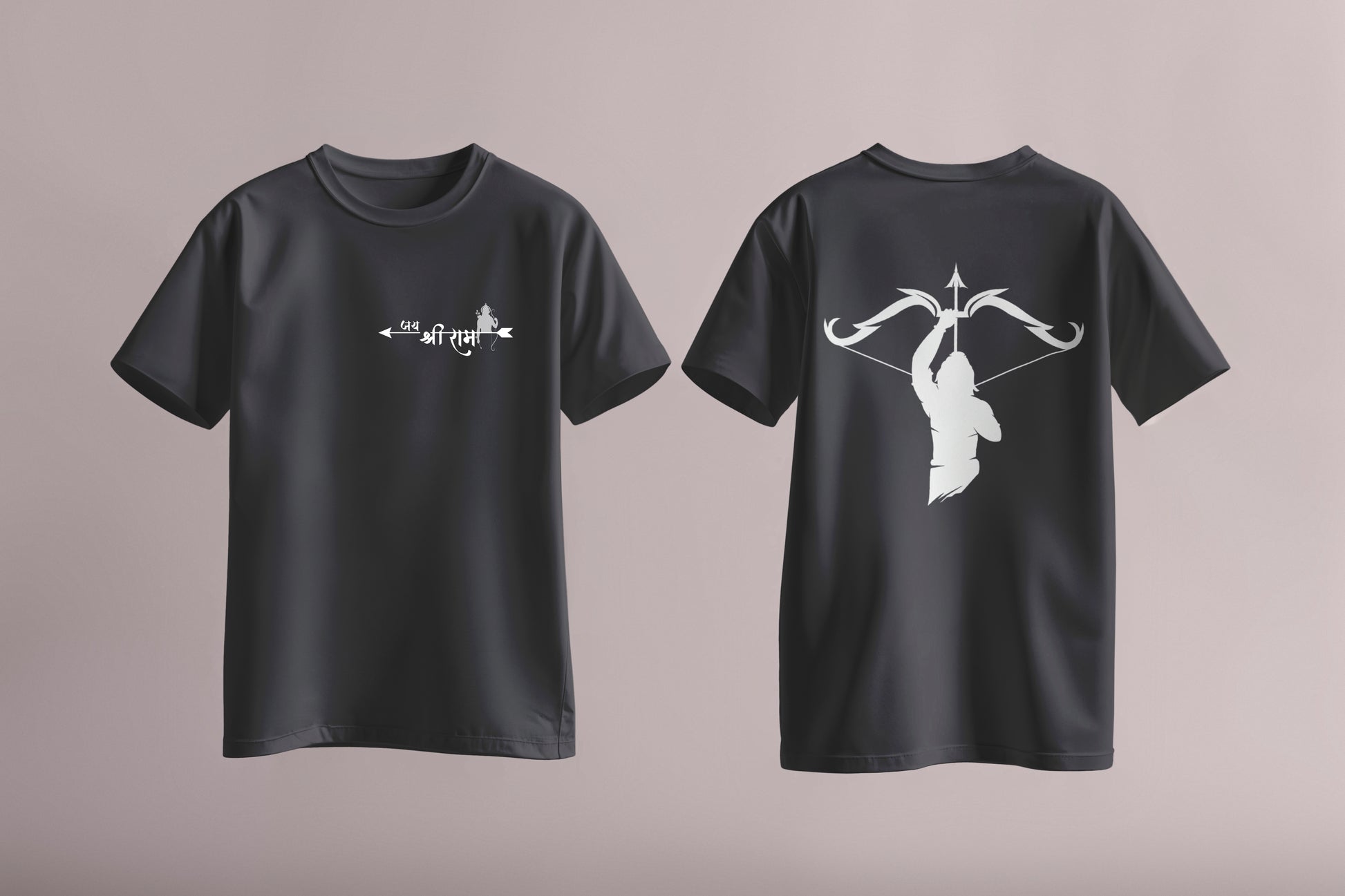 T-shirt with white Jai Shri Ram arrow design on the front and Lord Rama silhouette with bow on the back – part of Divine Archer Series