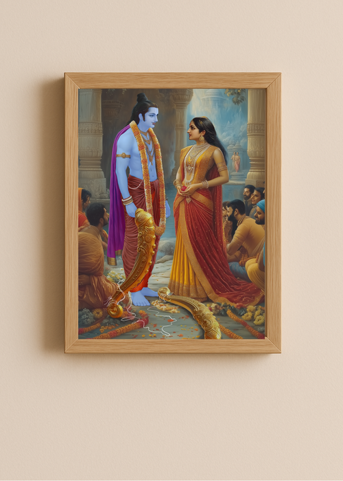 Framed depiction of Sita Swayamvar showing Lord Rama and Sita after the bow is broken, with floral garlands and divine ambiance, illustrated by Karan Acharya.