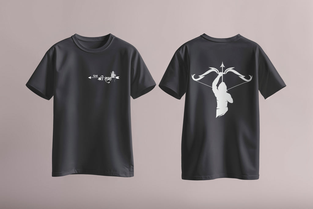 T-shirt with white Jai Shri Ram arrow design on the front and Lord Rama silhouette with bow on the back – part of Divine Archer Series