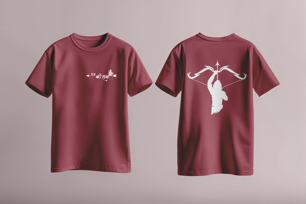 T-shirt with white Jai Shri Ram arrow design on the front and Lord Rama silhouette with bow on the back – part of Divine Archer Series