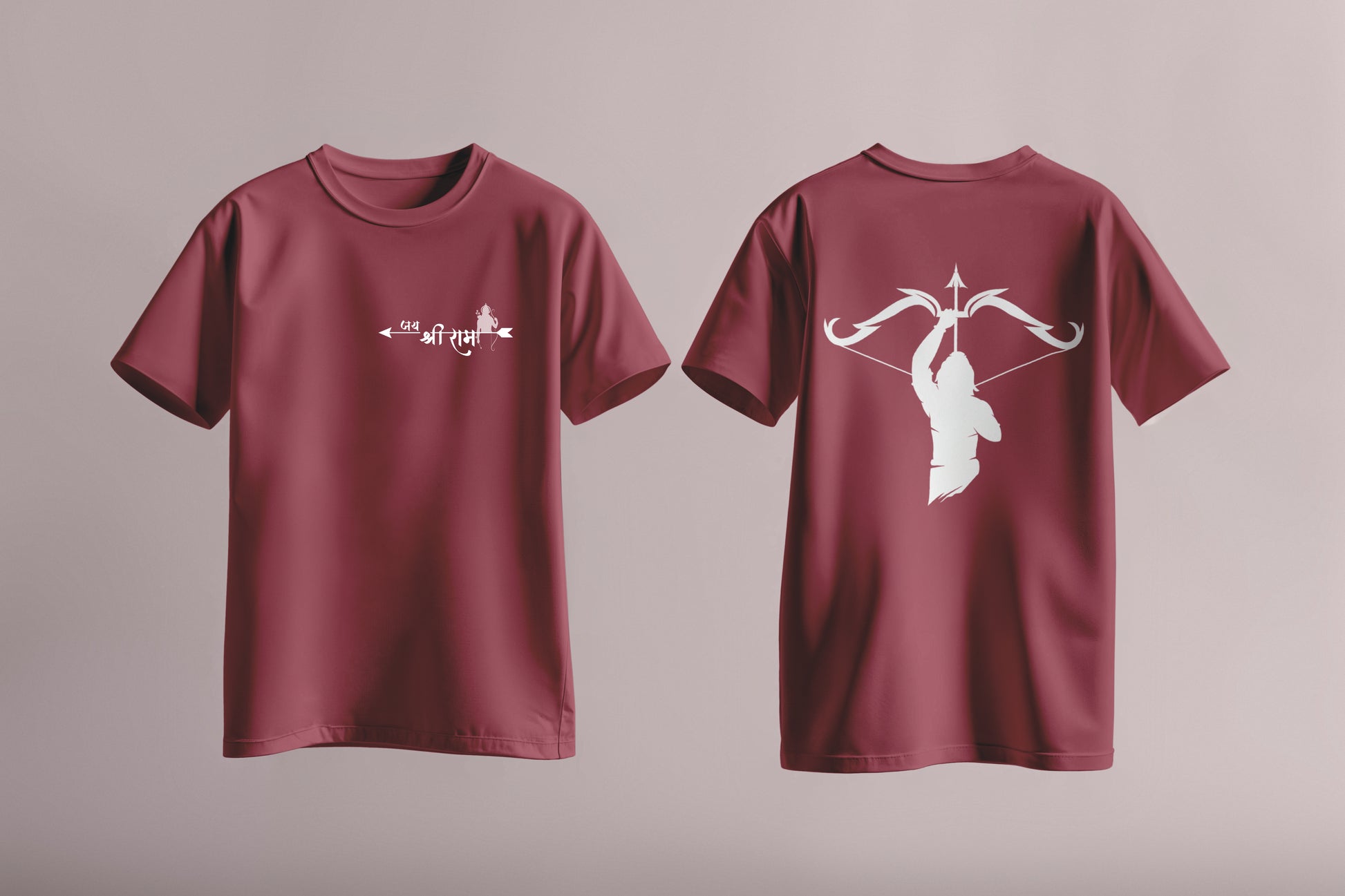 T-shirt with white Jai Shri Ram arrow design on the front and Lord Rama silhouette with bow on the back – part of Divine Archer Series