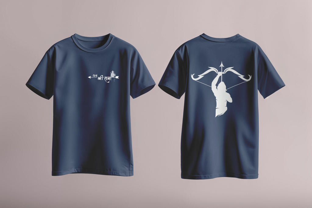 T-shirt with white Jai Shri Ram arrow design on the front and Lord Rama silhouette with bow on the back – part of Divine Archer Series