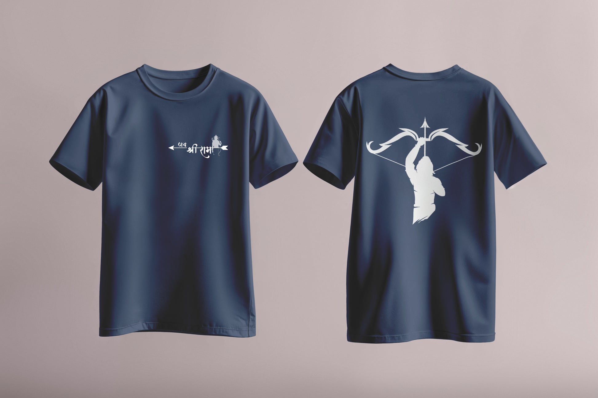 T-shirt with white Jai Shri Ram arrow design on the front and Lord Rama silhouette with bow on the back – part of Divine Archer Series