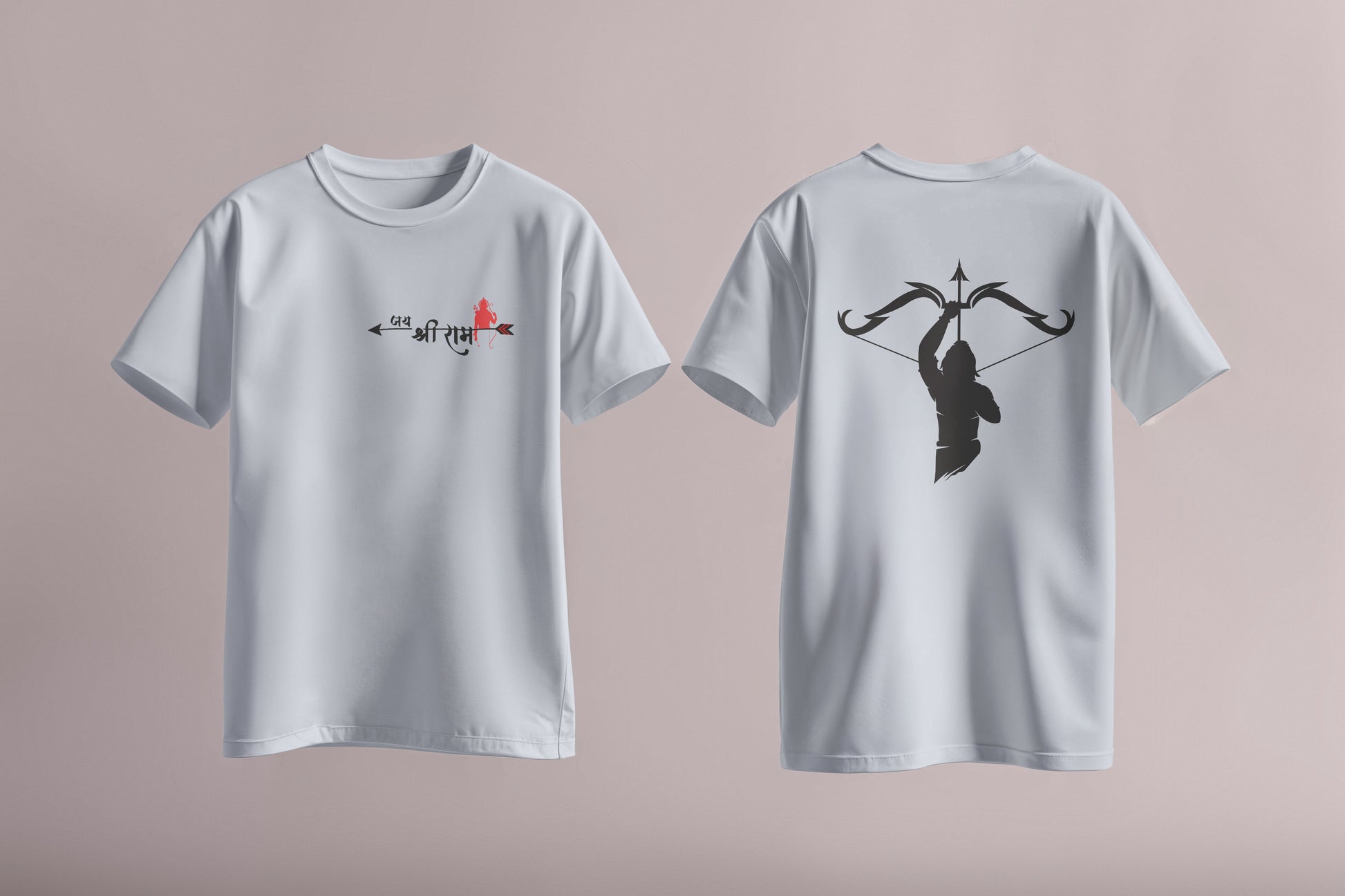 T-shirt with white Jai Shri Ram arrow design on the front and Lord Rama silhouette with bow on the back – part of Divine Archer Series
