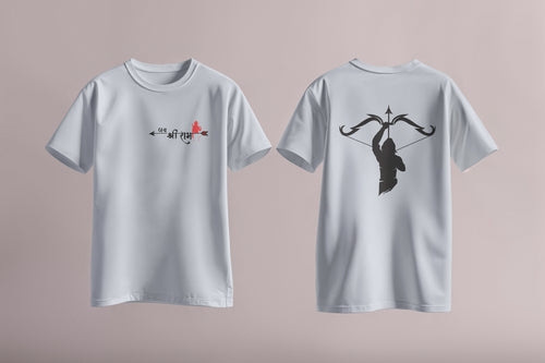 T-shirt with white Jai Shri Ram arrow design on the front and Lord Rama silhouette with bow on the back – part of Divine Archer Series