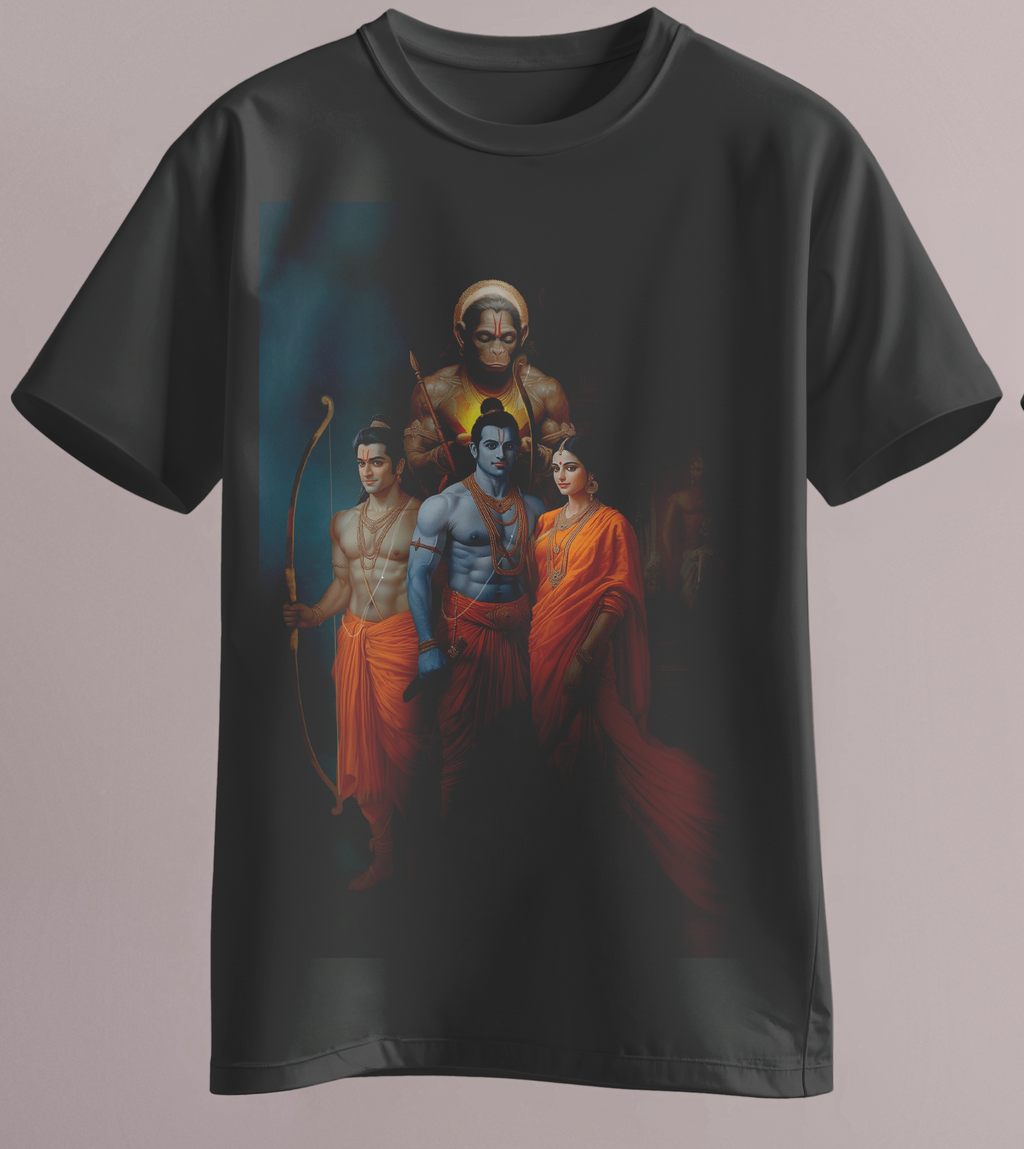 T-shirt featuring Lord Rama, Sita, Lakshmana, and Hanuman – art by Karan Acharya