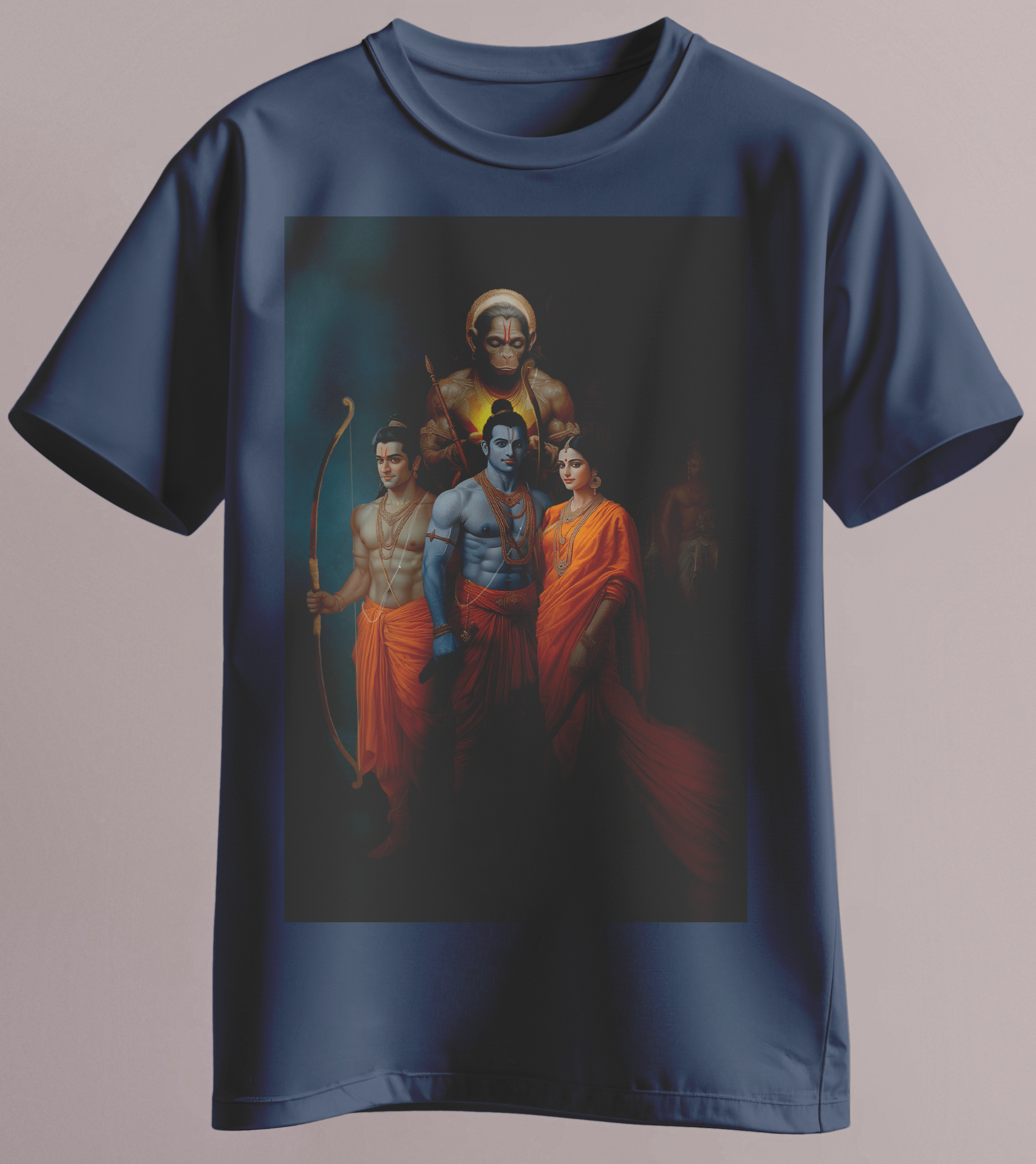 Charcoal grey T-shirt featuring Lord Rama, Sita, Lakshmana, and Hanuman – art by Karan Acharya