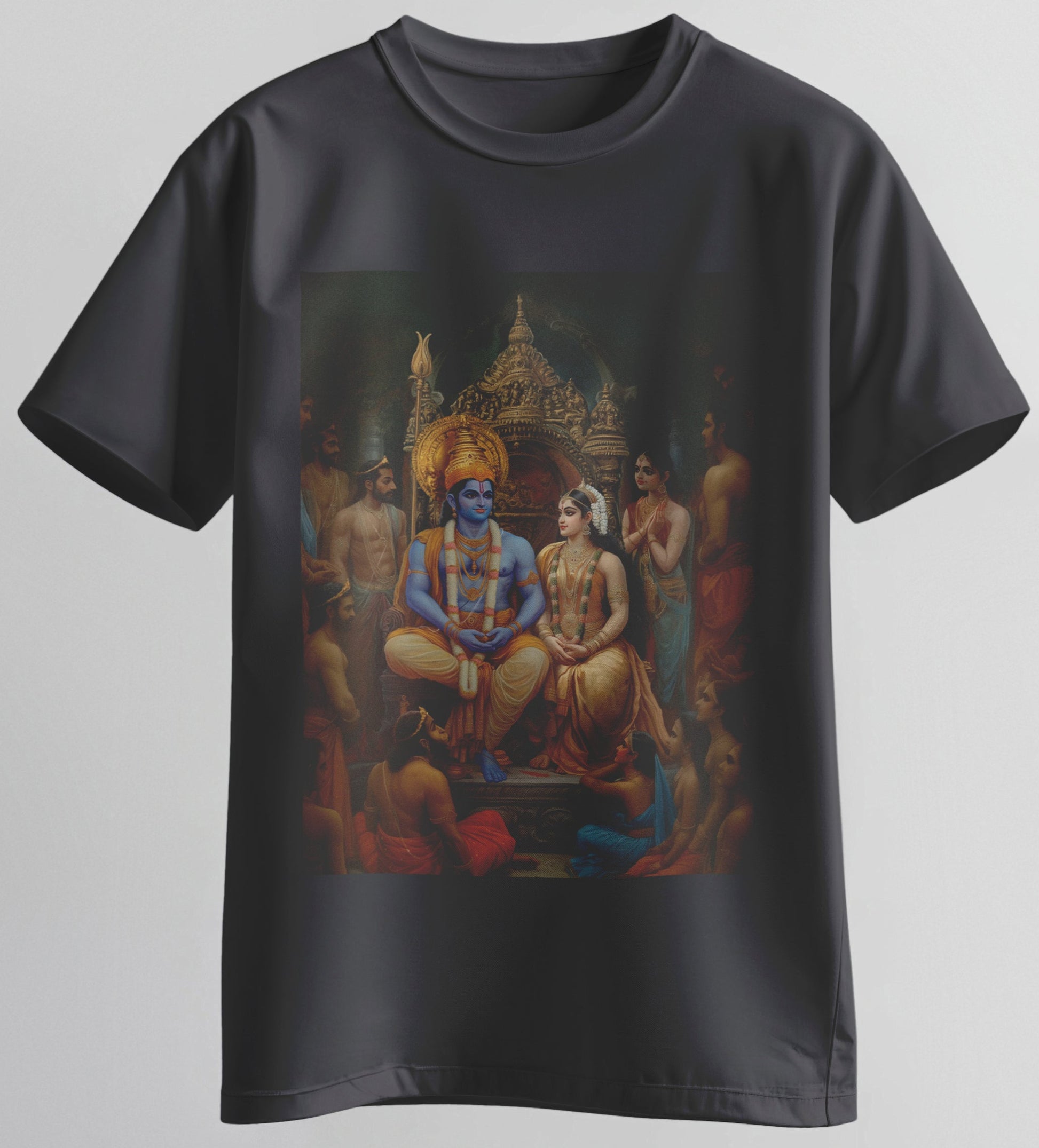Ram Pattabhishekam artwork T-shirt – Lord Rama and Sita coronation scene by Karan Acharya – 100% Cotton Tee