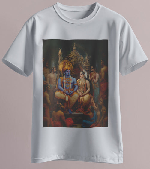 Ram Pattabhishekam artwork T-shirt – Lord Rama and Sita coronation scene by Karan Acharya – 100% Cotton Tee